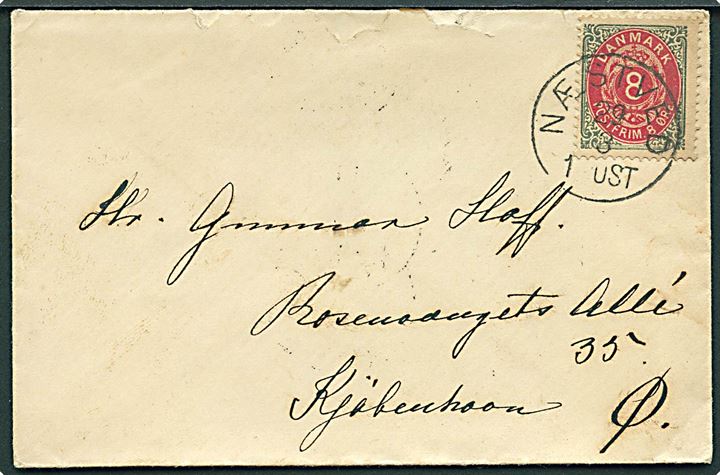 8 øre Tofarvet på brev annulleret med lapidar Næstved d. 29.3.1888 til Kjøbenhavn.
