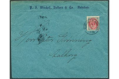 8 øre Tofarvet på brev fra Nakskov annulleret med lapidar bureaustempel Nykjøbing p.F. - Nakskov d. 27.9.1895 til Aalborg.