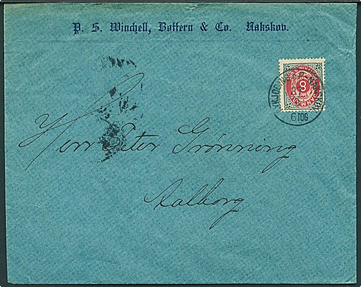 8 øre Tofarvet på brev fra Nakskov annulleret med lapidar bureaustempel Nykjøbing p.F. - Nakskov d. 27.9.1895 til Aalborg.