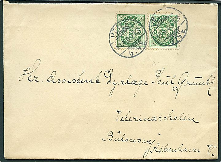 5 øre Våben i parstykke på brev annulleret med bureaustempel Veile - Give T.3 d. 11.4.1903 til Kjøbenhavn.