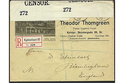 5 øre og 10 øre (3) Chr. X på 35 øre frankeret anbefalet firmakuvert Theodor Thorngreen / Legetøjs-Huset fra Kjøbenhavn d. 17-11-1917 til Birmingham, England. Åbnet af britisk censur no. 272.