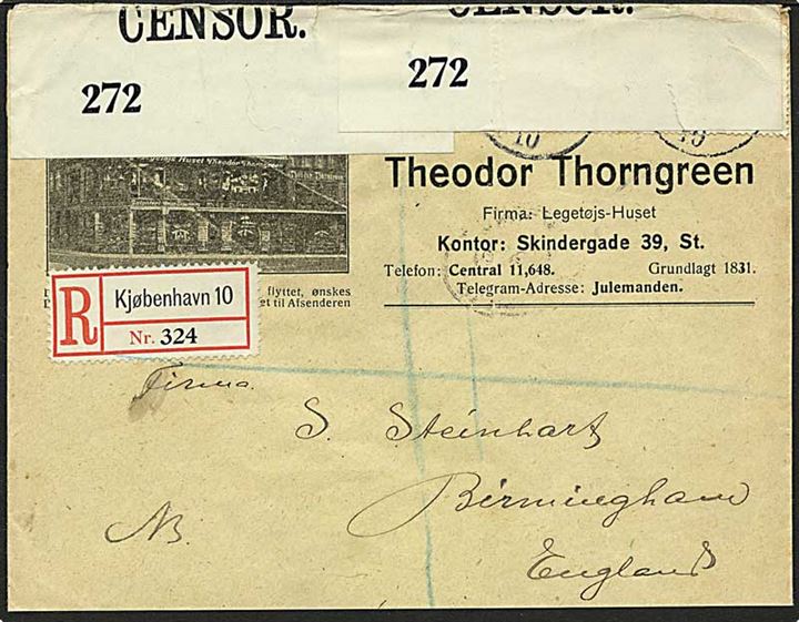5 øre og 10 øre (3) Chr. X på 35 øre frankeret anbefalet firmakuvert Theodor Thorngreen / Legetøjs-Huset fra Kjøbenhavn d. 17-11-1917 til Birmingham, England. Åbnet af britisk censur no. 272.