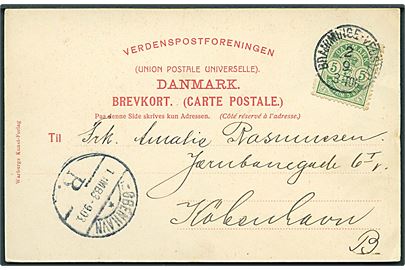 5 øre Våben på brevkort fra Ribe annulleret med lapidar bureaustempel Bramminge - Vedsted d. 2.9.1903 til København.