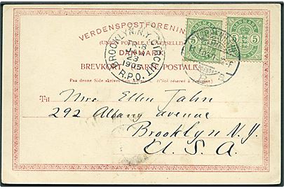 5 øre Våben (2) på brevkort fra Kjøbenhavn d. 11.1.1905 til Brooklyn, N.Y., USA. Transit stemplet med sjældent sporvogns bureaustempel Brooklyn N.Y. Curcuit R.P.O. Tr.8 d. 23.1.1905. 