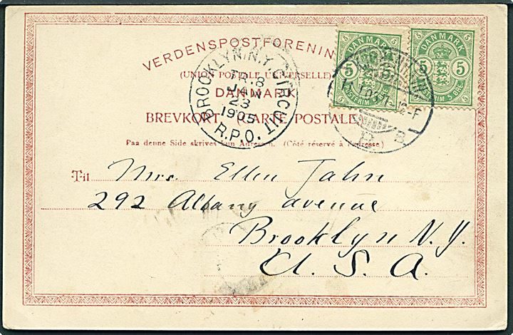 5 øre Våben (2) på brevkort fra Kjøbenhavn d. 11.1.1905 til Brooklyn, N.Y., USA. Transit stemplet med sjældent sporvogns bureaustempel Brooklyn N.Y. Curcuit R.P.O. Tr.8 d. 23.1.1905. 
