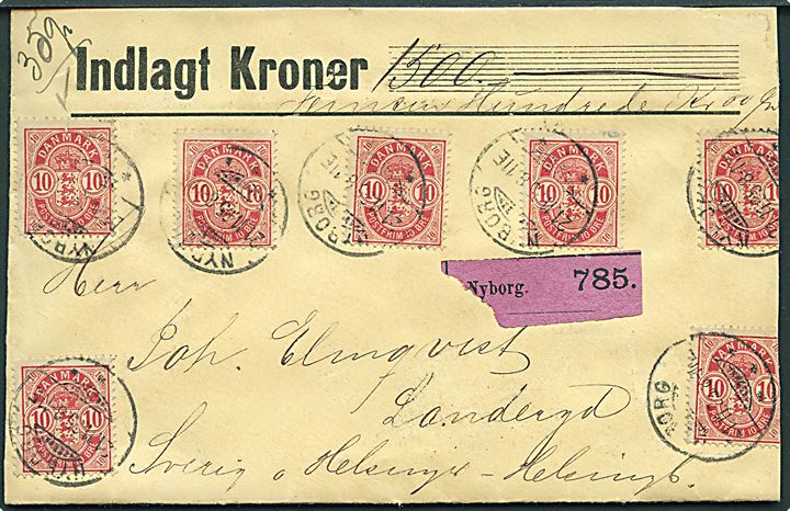 4 øre Tofarvet og 10 øre Våben (8) på for- og bagside af værdibrev fra Nyborg d. 21.11.1895 til Landeryd, Sverige. Kuvert afkortet i højre side og 2 mærker beklippet.