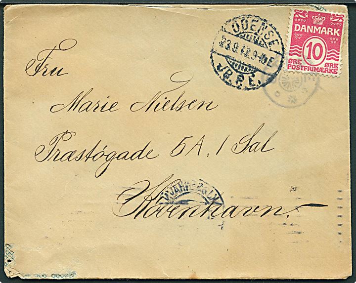 10 øre Bølgelinie på brev annulleret med stjernestempel STIGE og sidestemplet Odense JB.P.E. d. 23.9.1912 til København.
