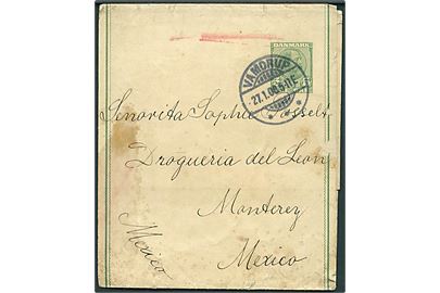 5 øre Chr. IX helsagskorsbånd sendt som tryksag fra Vamdrup d. 27.1.1908 til Monterey, Mexico. Nusset - men god destination.