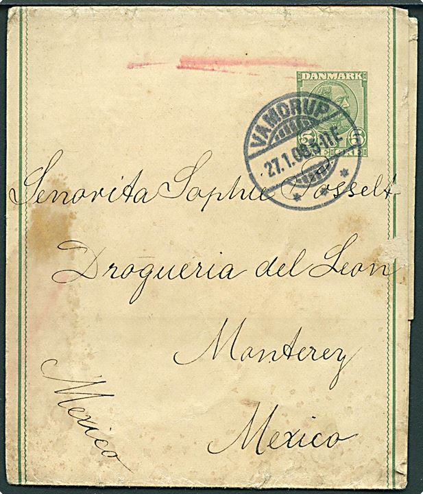 5 øre Chr. IX helsagskorsbånd sendt som tryksag fra Vamdrup d. 27.1.1908 til Monterey, Mexico. Nusset - men god destination.