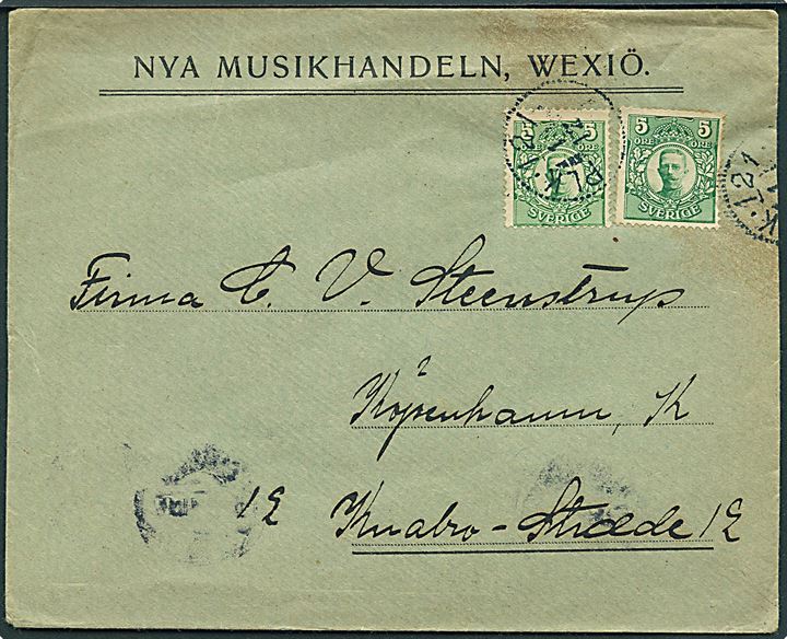 5 öre Gustaf (2) på brev fra Wexiö annulleret med bureaustempel PLK 121 d. 1.12.1912 til København, Danmark.