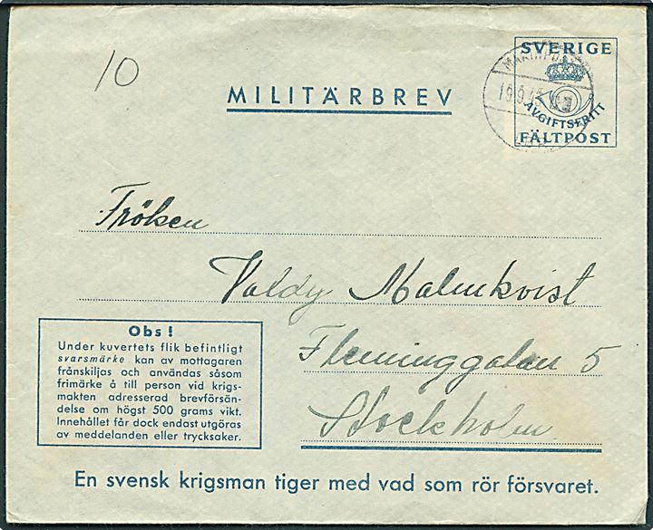 Militärbrev stemplet Marinepost 41 d. 19.9.1943 til Stockholm. Fra soldat ved Marinpost 1924 = Logementfartyget Niord eller Hårsfjärden örlogsdepå. Aftaget svarmærke.
