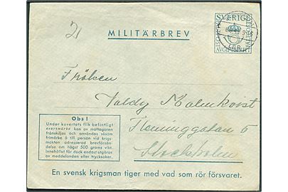 Militärbrev stemplet Marinepost 41 d. 6.5.1943 til Stockholm. Fra soldat ved Marinpost 1924 = Logementfartyget Niord eller Hårsfjärden örlogsdepå. Aftaget svarmærke.
