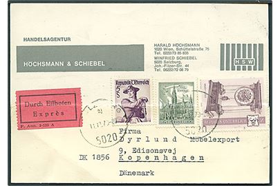 30 gr., 3,50 sh. og 5 sh. på blandingsfrankeret brevkort fra Salzburg d. 11.12.1970 til København, Danmark. På bagsiden håndrullestempler fra hhv. København OMK.13 og København PKP.