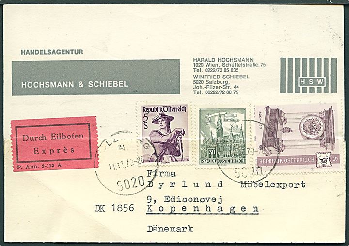 30 gr., 3,50 sh. og 5 sh. på blandingsfrankeret brevkort fra Salzburg d. 11.12.1970 til København, Danmark. På bagsiden håndrullestempler fra hhv. København OMK.13 og København PKP.