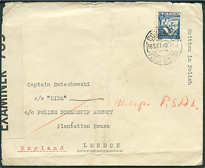1$75 på brev fra Ponta Delgarda på Azorerne d. 18.9.1940 til polsk handelsskib S/S Lida via rederi i London, England. Åbnet af britisk censur PC90/783.