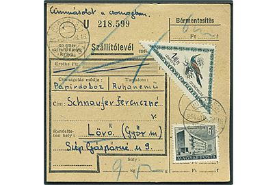 1,40 ft. Fugl og 5 ft. Bygning på adressekort for pakke fra Budapest d. 28.7.1954 til Lövő.
