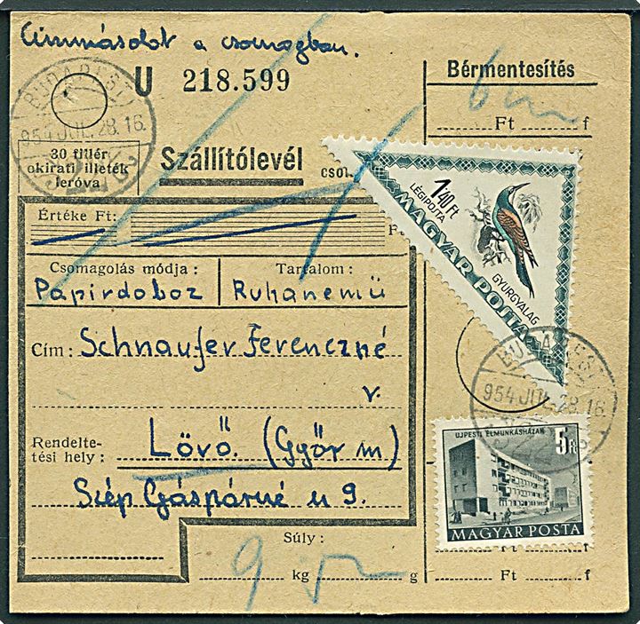 1,40 ft. Fugl og 5 ft. Bygning på adressekort for pakke fra Budapest d. 28.7.1954 til Lövő.