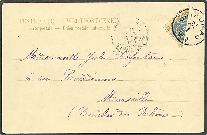 4 cents Tofarvet halveret på brevkort fra St. Thomas d. 31.1.1903 til Marseille, Frankrig. Korrekt postkort takst. God udlands-anvendelse af halveret 4 cents udg.