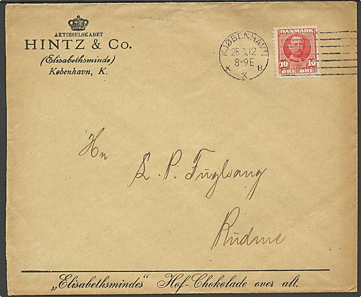 10 øre Fr. VIII på firmakuvert annulleret med forsøgs maskinstempel Kjøbenhavn KKB d. 18.8.1912 til Rudme.