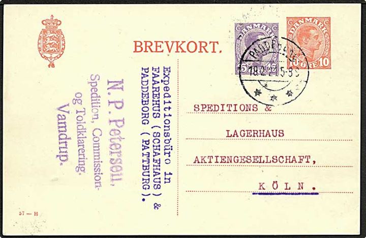 10+15 øre Chr. X provisorisk enkeltbrevkort (fabr. 57-H) annulleret med brotype IIb stempel Paddeborg sn1 d. 19.2.1921 til Köln, Tyskland. Flot brugsforsendelse.