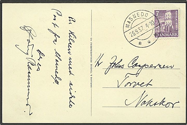 7 øre Nikolai kirke på brevkort annulleret med brotype IIc stempel Masnedø d. 26.9.1937 til Nakskov. På kortet skrevet: En Hilsen med sidste Post fra Masnedø.