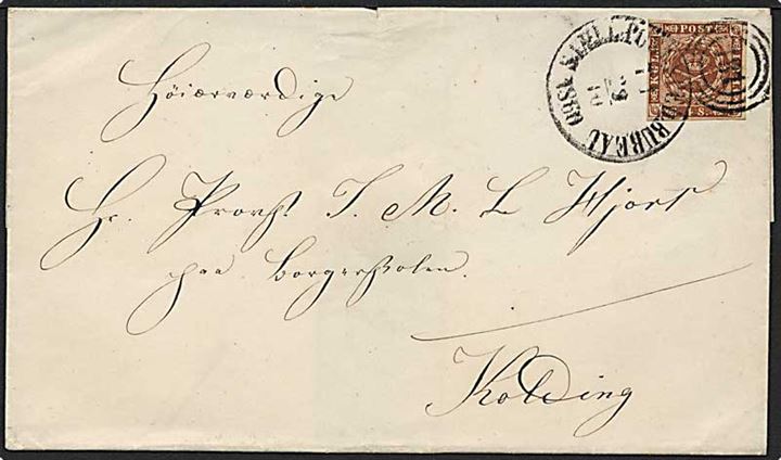 4 skilling brun på brev fra d. 29.10.1860 til Kolding. Nummerstempel 181 kombinationsstempel med Sjæll. Post. Sped. Bureau bureaustempel.