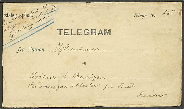 Statstelegraphen telegramkuvert fra Statstelegraphen Station Randers ca. 1870 til Støvringgaard kloster pr. Randers. Påskrevet: “pr. Bud” og “Buddet betales af Modtager med 16 sk. pr. Fjerding vei”. Let skåret.