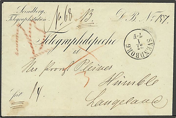 1861. Fortrykt Telegraphdepeche kuvert fra Svendborg Telegraphstation sendt anbefalet fra Svendborg d. 21.1. 1861 til Humble på Langeland. Indeholder formular fra Svendborg-Nyborg Telegraphlinie. Telegrammer med postvæsnet skulle sendes anbefalet indtil 1866.