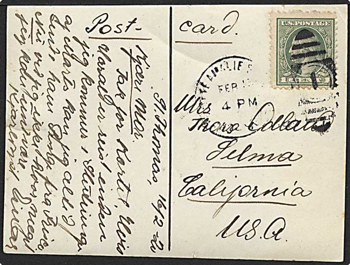 1 cent grøn på postkort fra St. Thomas d. 16.2.1920 til Selma, USA. Foto fra St. Thomas.