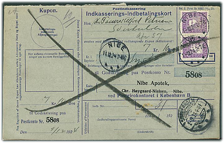 15 øre Chr. IV og 15 øre Chr. X Postjubilæum i sammentrykt parstykke på retur Indkasserings-Indbetalingskort fra Nibe d. 1.12.1924 til Sønderholm. Usædvanlig uofficiel FDC anvendelse.