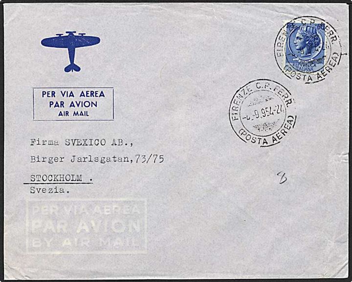 60 lire blå på luftpost brev fra Firenze, Italien d. 2.9.1954 til Stockholm, Sverige.