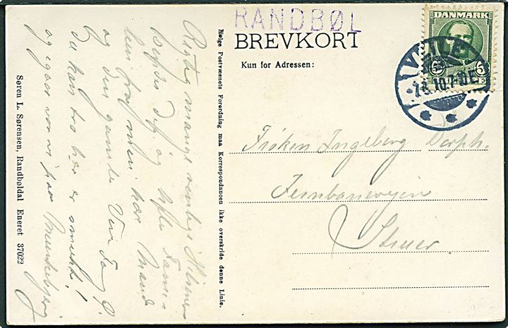 5 øre Fr. VIII på brevkort (Randbøldal) stemplet Veile d. 7.8.1910 og kassetømnings-stempel RANDBØL til Struer. Holdeplads på Vejle-Vandel jernbanen og kasse-tømningssted indtil oprettelse af postekspedition i 1914. Ikke registreret af Vagn Jensen.