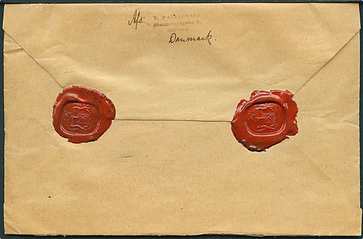 25 øre og 50 øre Chr. IX på anbefalet brev annulleret med brotype IIb Hillerød d. 17.6.1924 til Stockholm, Sverige. Sen anvendelse.