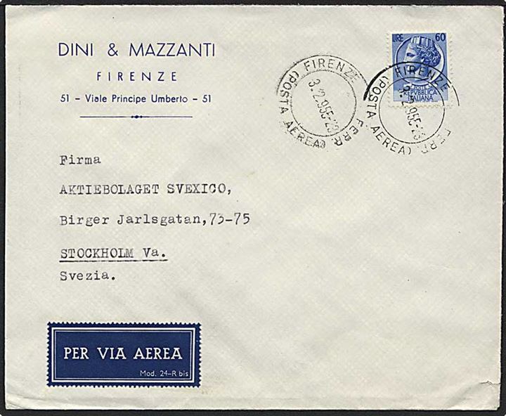 60 lire blå på luftpost brev fra Firenze, Italien d. 3.2.1955 til Stockholm, Sverige.