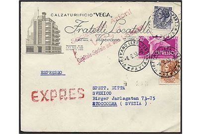 145 lire på expresbrev fra Vigevano, Italien d. 8.2.1957 til Stockholm, Sverige.