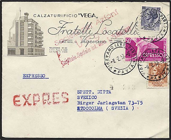 145 lire på expresbrev fra Vigevano, Italien d. 8.2.1957 til Stockholm, Sverige.
