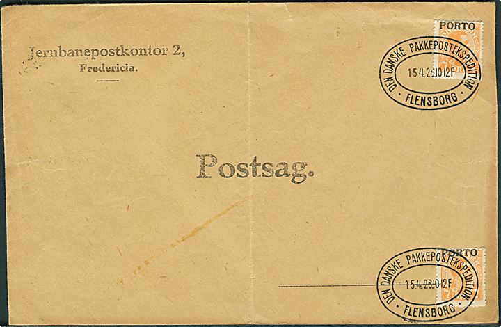 7 øre Porto-provisorium (2) på postsagskuvert fra Jernbanepostkontor 2 i Fredericia annulleret med ovalt Den danske Pakkepostekspedition * Flensborg * d. 15.4.1926. Meget sjældent stempel som annullering.