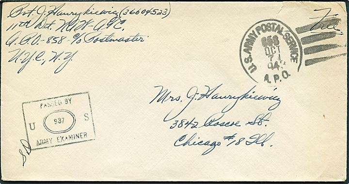 Ufrankeret free mail brev stemplet U. S. Army Postal Service APO 858 d. 7.10.1943 til Chicago, USA. Fra 11th Detachment North Atlantic Wing, Air Transport Command APO 858 = Narsarssuaq. Sort unit censor stempel no. 937. 