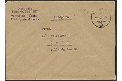 Ufrankeret tysk feltpostbrev stemplet Feldpost e d. 4.3.1945 til Oslo. Afs.stempel: Dienststelle Feldpost Nr. M 34157 Marinepostamt Berlin (= Marineoberkommando in Norwegen). På bagsiden Oslo ank.stempel.