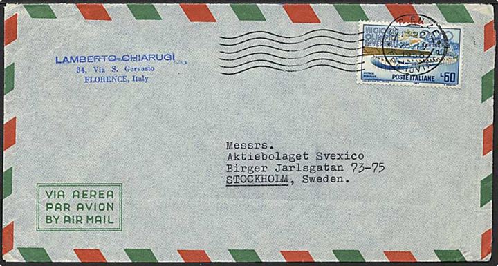 60 lire på luftpost brev fra Firenze, Italien d. 25.4.1956 til Stockholm, Sverige.
