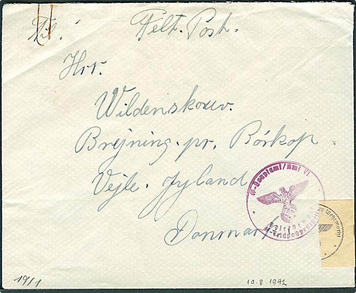 Ufrankeret feltpostbrev fra dansk SS-mann Rud. Hen. Nielsen i Berlin dateret d. 10.8.1942 til Brejning pr. Børkop. Briefstempel: SS-Hauptamt / Amt VI SS-Feldpostprüfstelle. På bagsiden SS-feldpostcensur og åbnet af tysk censur i Berlin.
