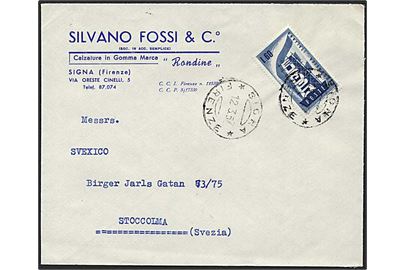 60 lire blå på brev fra Firenze, Italien d. 12.3.1957 til Stockholm, Sverige.