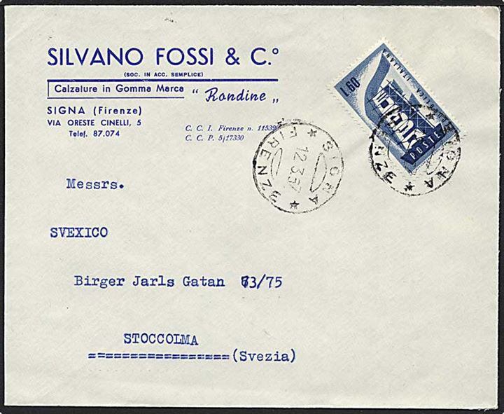 60 lire blå på brev fra Firenze, Italien d. 12.3.1957 til Stockholm, Sverige.