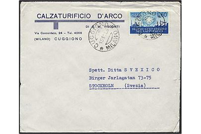 60 lire blå på brev fra Cuggiono, Italien d. 15.1.1956 til Stockholm, Sverige.