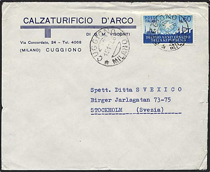 60 lire blå på brev fra Cuggiono, Italien d. 15.1.1956 til Stockholm, Sverige.