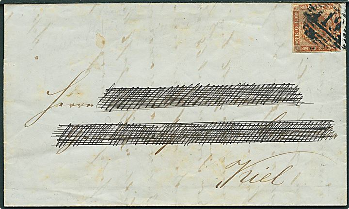 4 sk. 1854 udg. tæt klippet på brev dateret d. 9.12.1855 annulleret med Oprørsstempel “19” (Kiel Bahnhof) til Kiel. Adressaten overstreget. Sjælden forsendelse.