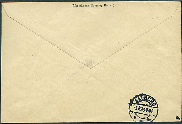 50 øre Chr. X og Sønderjydsk Fond mærkat på adresse-brev for pakke med opkrævning fra Aarhus d. 4.6.1920 til Krydseren “Valkyrien” p.t. Aalborg. 