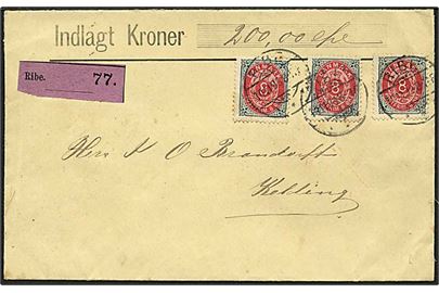 8 øre Tofarvet omv. ramme på 24 øre frankeret værdibrev (200 kr.) fra Ribe d. 14.11.1899 til Kolding.