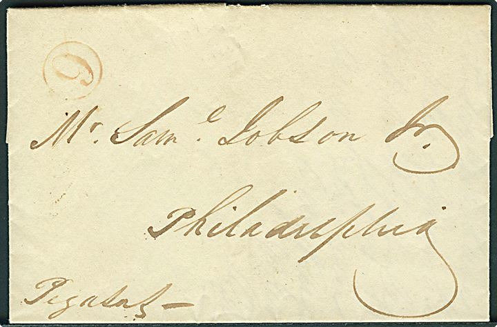 1830. Duplicat-brev dateret St. Thomas d. 14.12.1830 med skibet Pegasus til Philadelphia, USA. Amerikansk “6” cents portostempel. Indhold gengiver Original-brev sendt med briggen Gannicliff. 