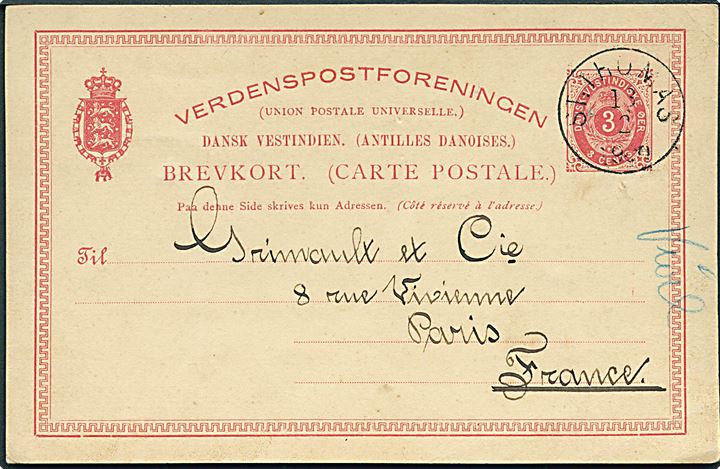 3 cents helsagsbrevkort annulleret med lapidar stempel St: Thomas d. 13.2.1900 til Paris, Frankrig. Nålehul.
